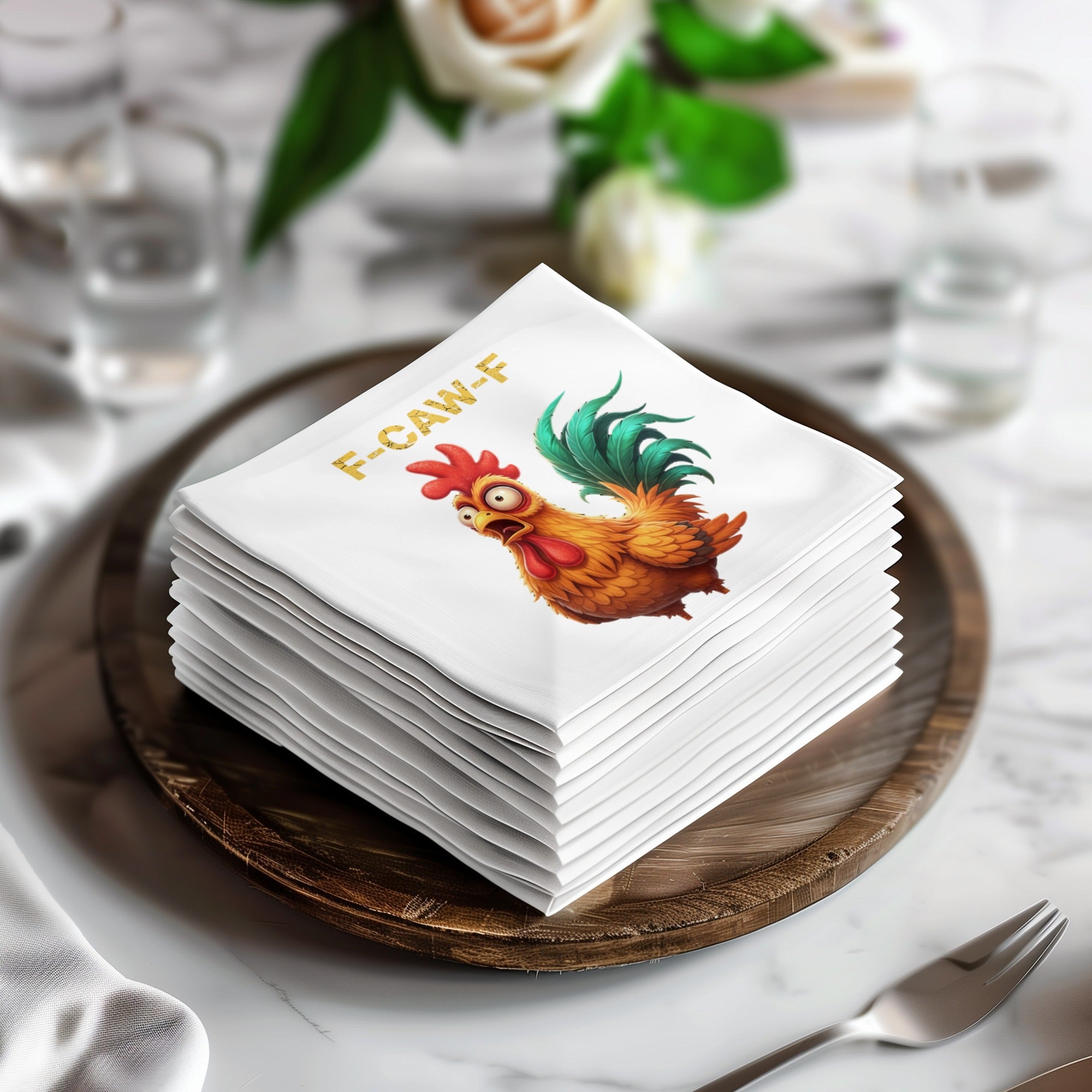 Funny Chicken Napkin, F CAW F Gag Gift, Cartoon Rooster Napkin, Quirky Party Napkin, Unique Kitchen Decor, Novelty Hostess Gift