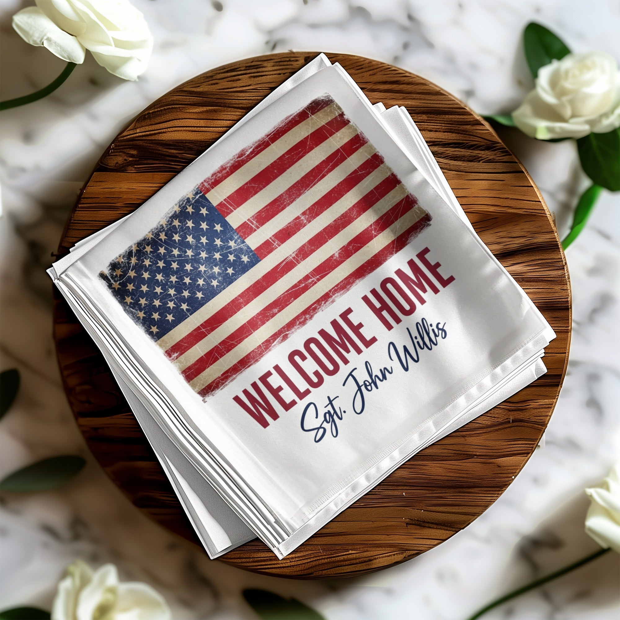 Welcome Home Napkin, American Flag, Sgt John Willis, Patriotic Napkin, Military Napkin, Celebration Napkin, Party Favor