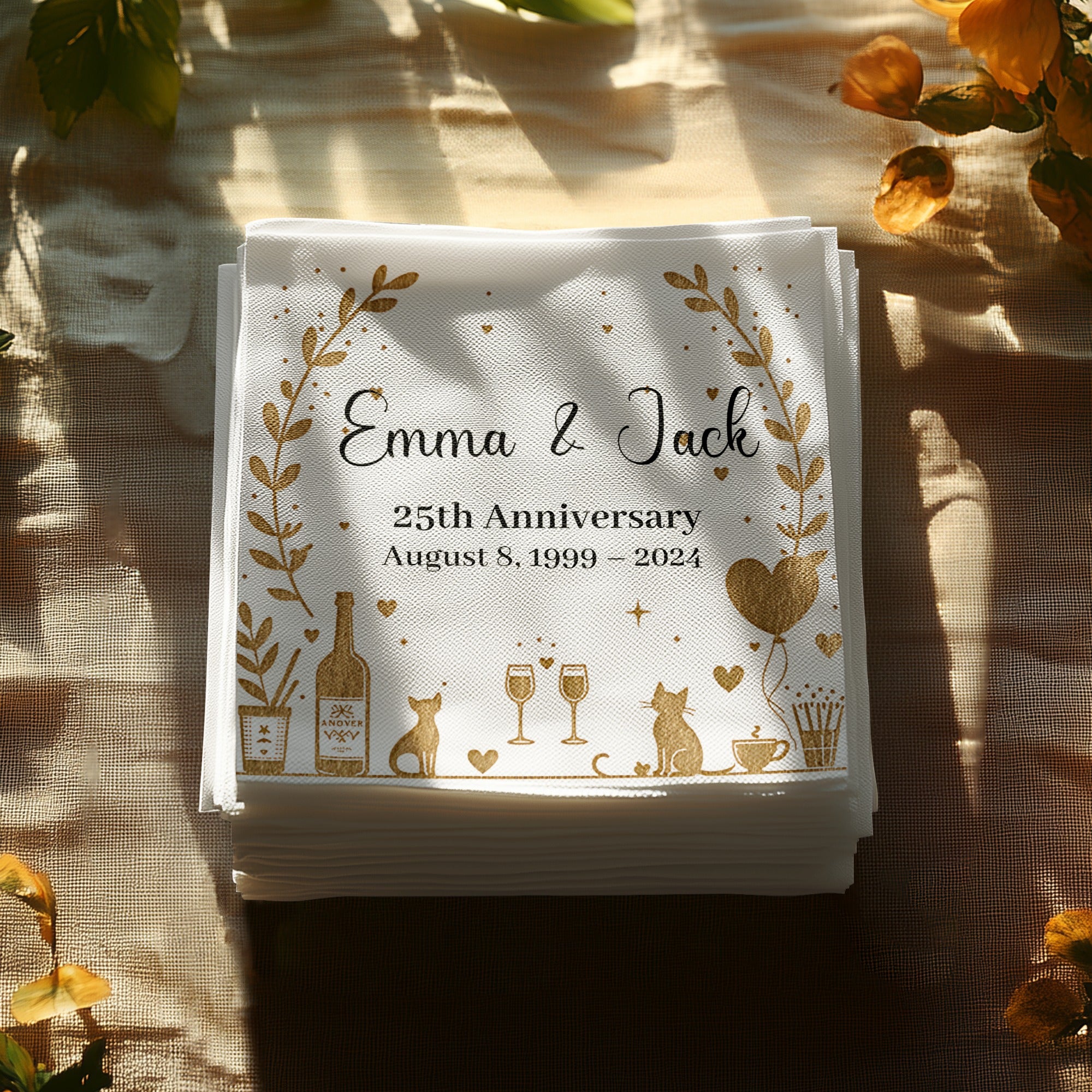 Personalized Anniversary Napkins – Golden Romance Design – Custom Elegant Napkin with Name & Years