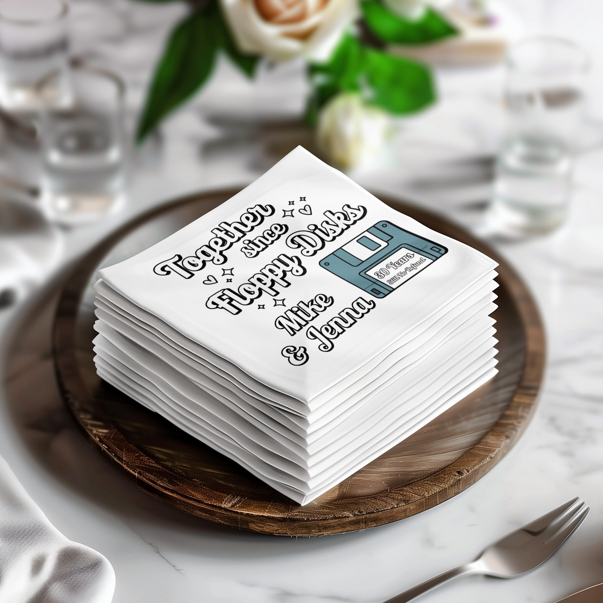 Personalized Retro Napkins – Together Since Floppy Disks – Funny Anniversary Napkin with Name & Years