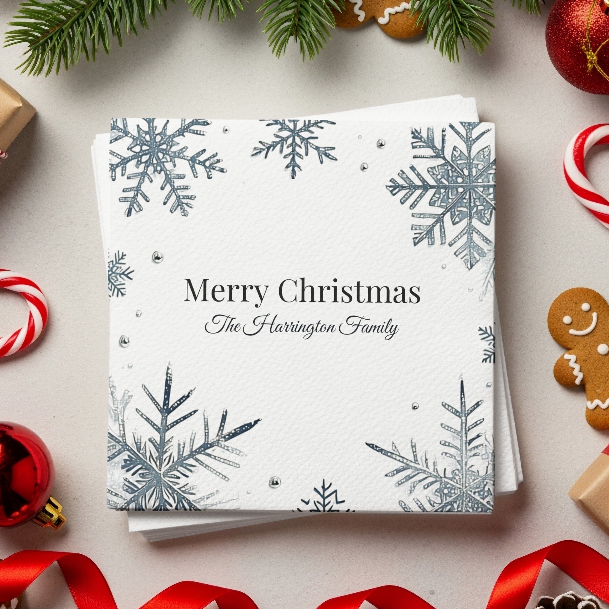 Personalized Christmas Napkins – Custom Holiday Beverage Napkin with Family Name – Elegant Snowflake Design