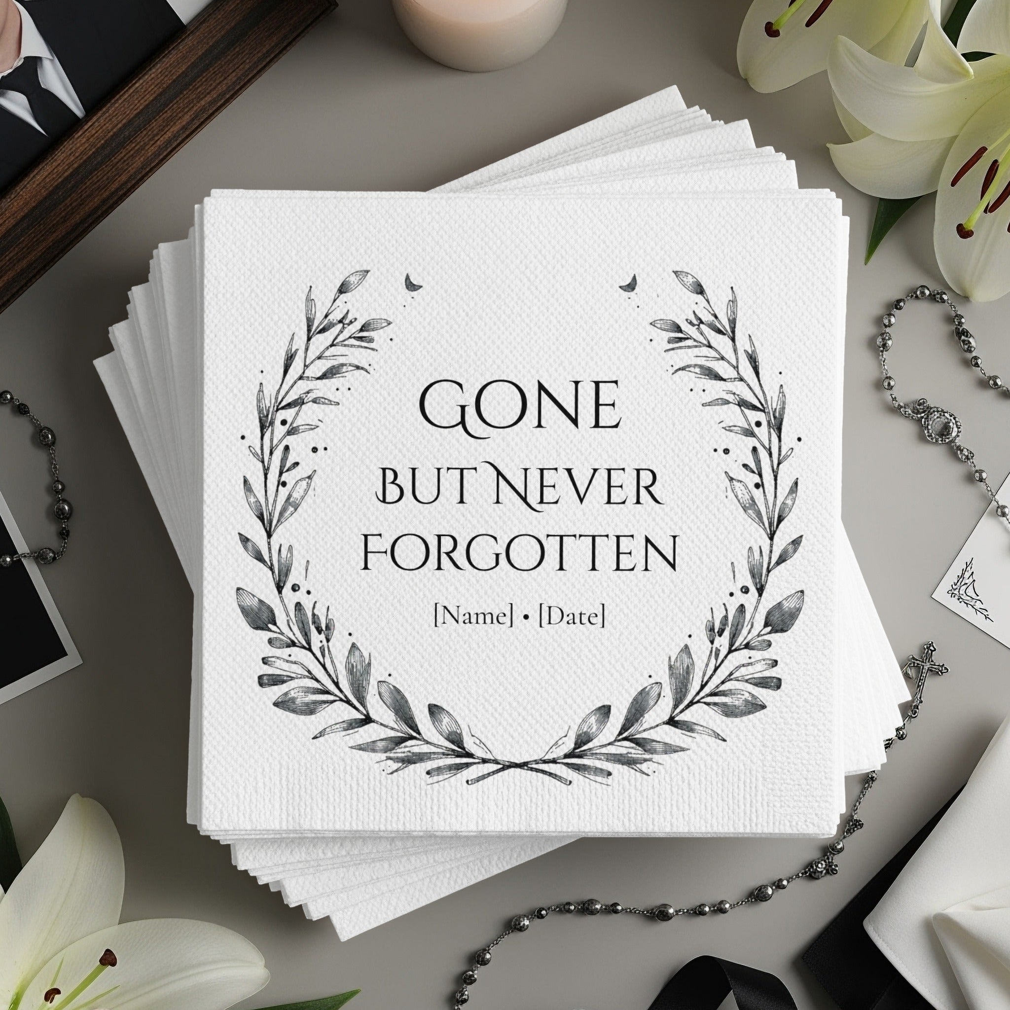 Personalized Memorial Napkins – Gone But Never Forgotten – Funeral Napkin with Name & Date – Elegant Laurel Wreath Design