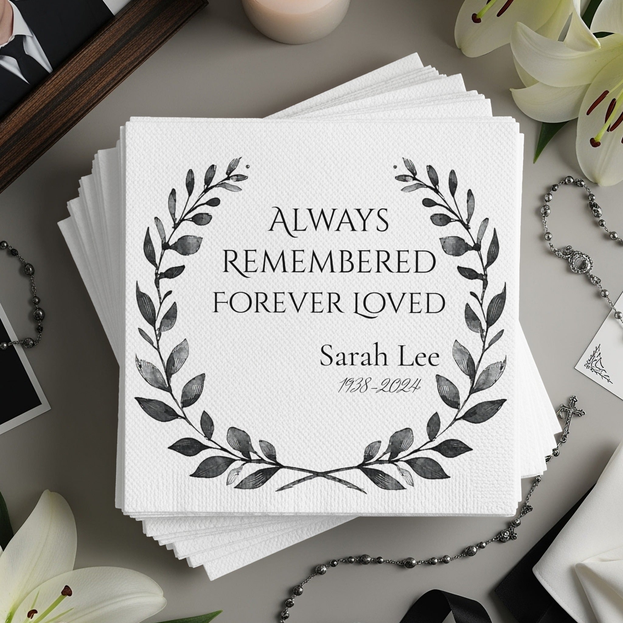 Personalized Memorial Napkins – Custom Funeral Napkin with Name & Years – Always Remembered Forever Loved – Laurel Wreath Design