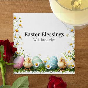 Easter Blessings Napkins – Pastel Eggs & Baby Chicks – Custom Spring Napkin with Name