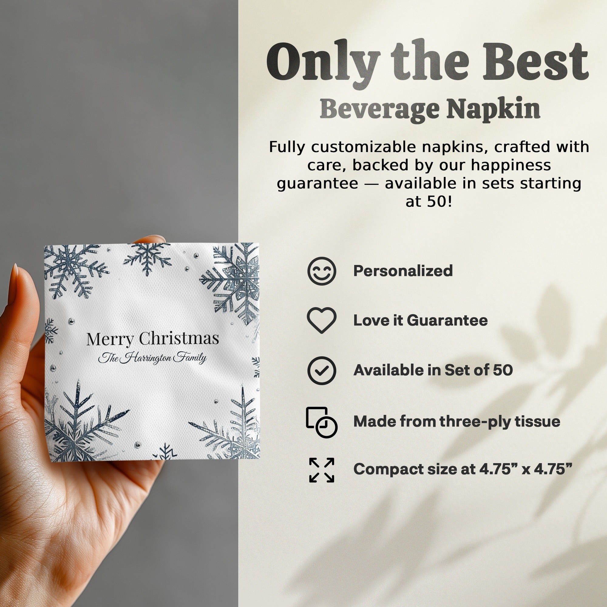 Personalized Christmas Napkins – Custom Holiday Beverage Napkin with Family Name – Elegant Snowflake Design