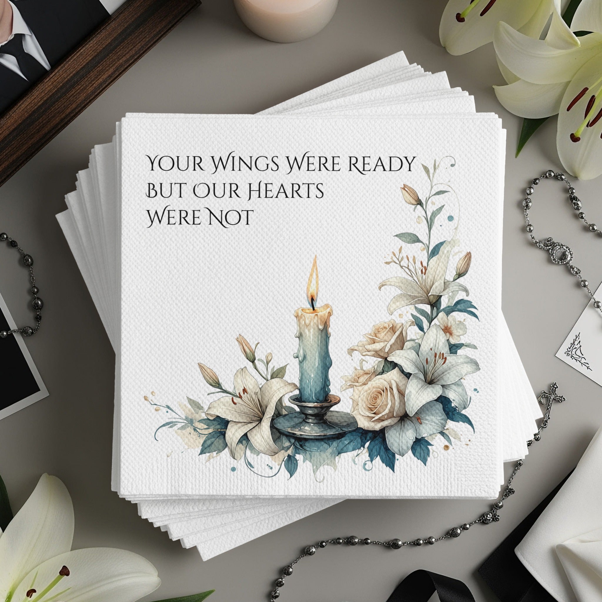 Personalized Memorial Napkins – Custom Funeral Napkin with Candle & Florals – Your Wings Were Ready But Our Hearts Were Not