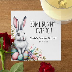 Personalized Easter Napkins – Some Bunny Loves You – Custom Easter Brunch Napkins with Bunny & Eggs – Spring Celebration Decor