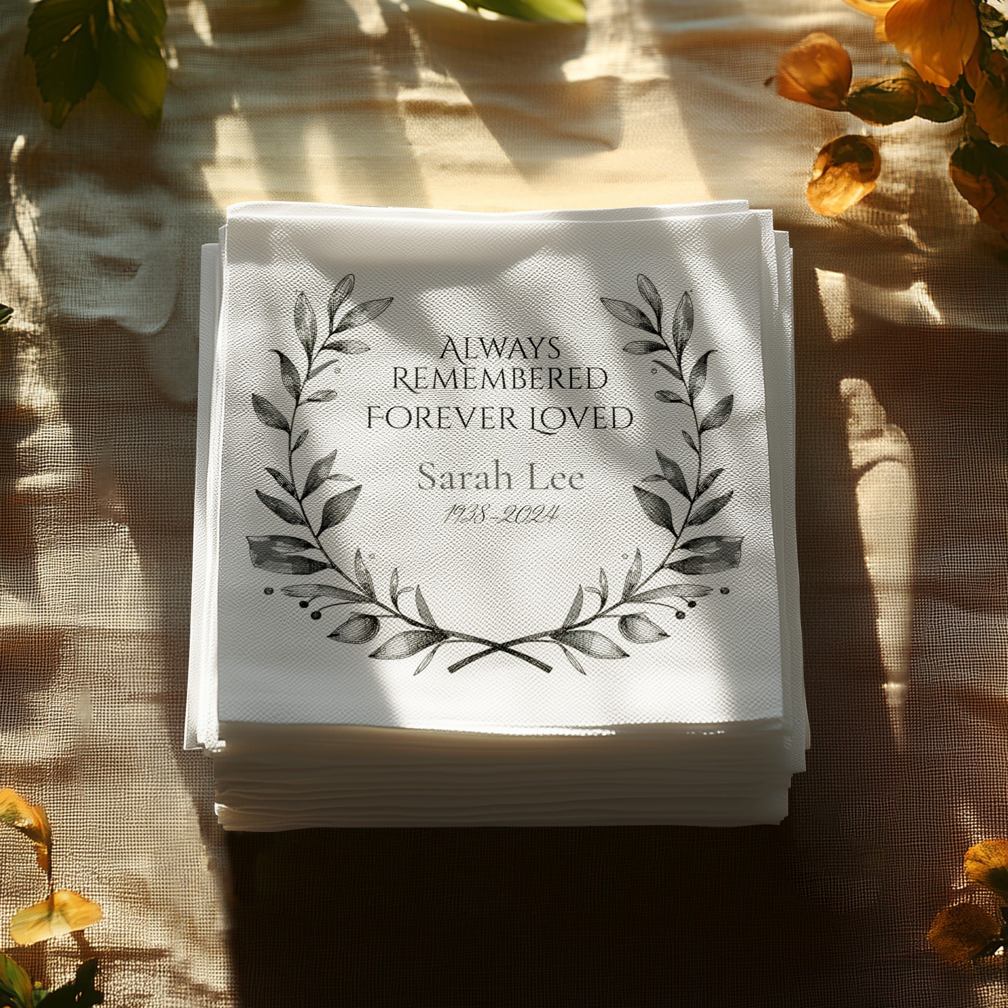 Personalized Memorial Napkins – Always Remembered, Forever Loved – Custom Funeral Napkin with Name & Years