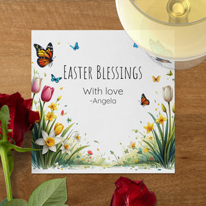 Easter Blessings Custom Napkins – Spring Tulips & Butterflies – Personalized Holiday Napkin with Name