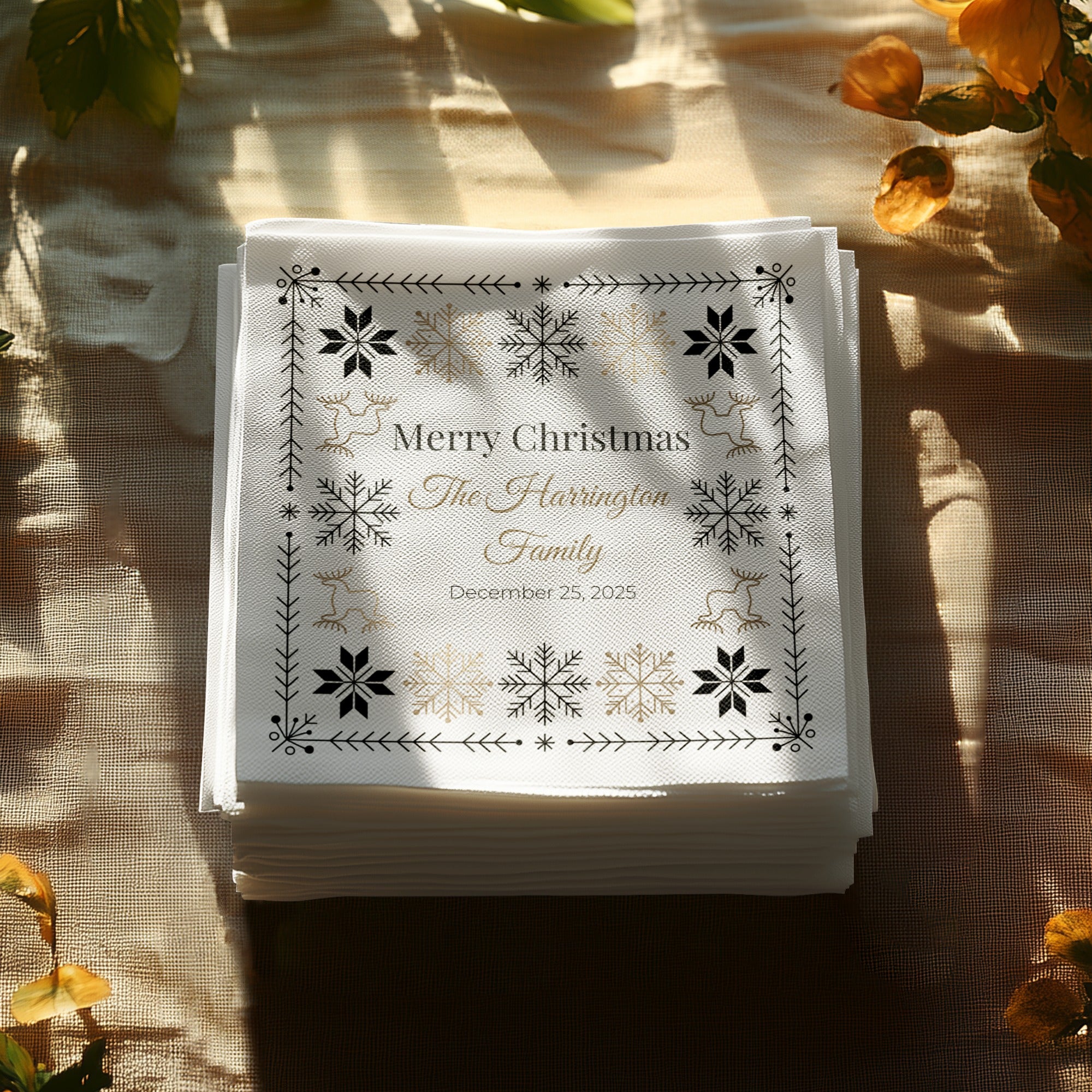 Custom Christmas Napkins – Personalized Holiday Beverage Napkin with Family Name – Nordic Snowflake & Reindeer Design