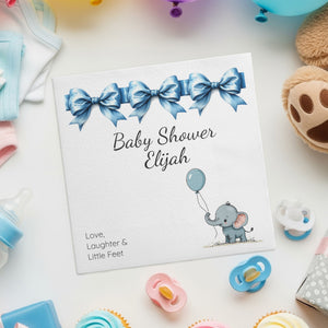 Personalized Baby Shower Napkins – Blue Bows & Elephant – Custom Baby Boy Shower Napkin with Balloon Illustration