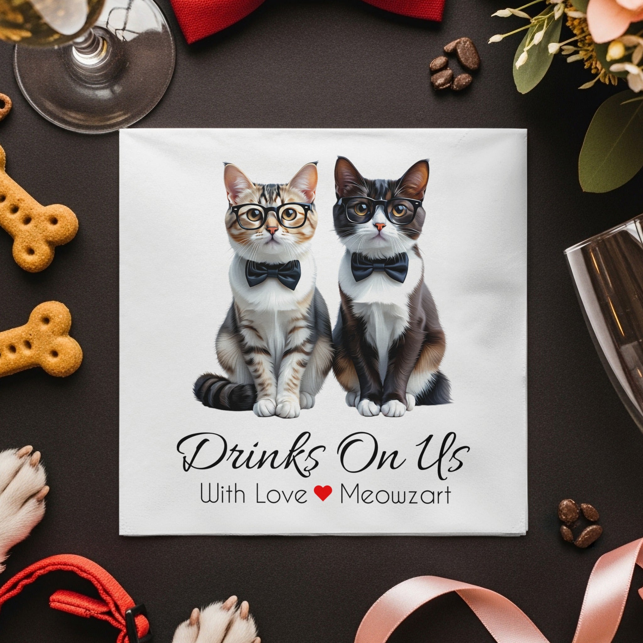 Drinks On Us Napkins, Cats with Bow Ties Napkins, Funny Cats Napkins, Party Napkins, Cocktail Napkins, Unique Table Decor