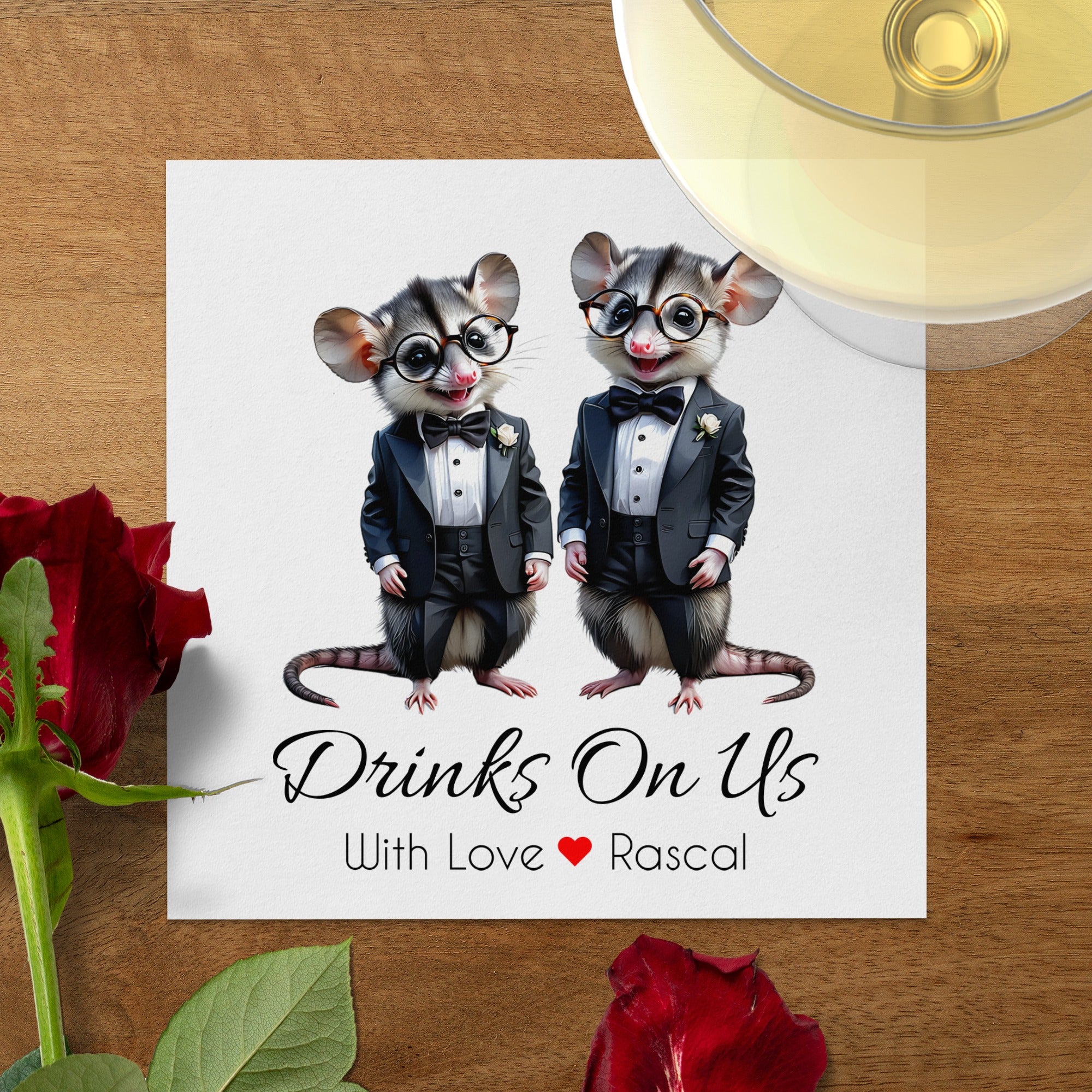 Rascal Napkin, Opossum Napkin, Drinks On Us, Tuxedo Napkin, Animal Napkin, Funny Napkin, Party Napkin, Hostess Napkin, Cocktail Napkin