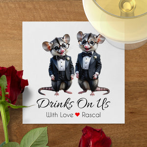 Rascal Napkin, Opossum Napkin, Drinks On Us, Tuxedo Napkin, Animal Napkin, Funny Napkin, Party Napkin, Hostess Napkin, Cocktail Napkin