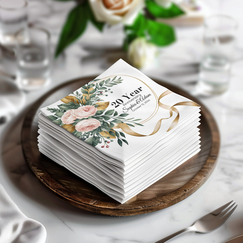 Personalized Floral Napkins – Elegant Wreath Design – Custom Anniversary Napkin with Name & Years