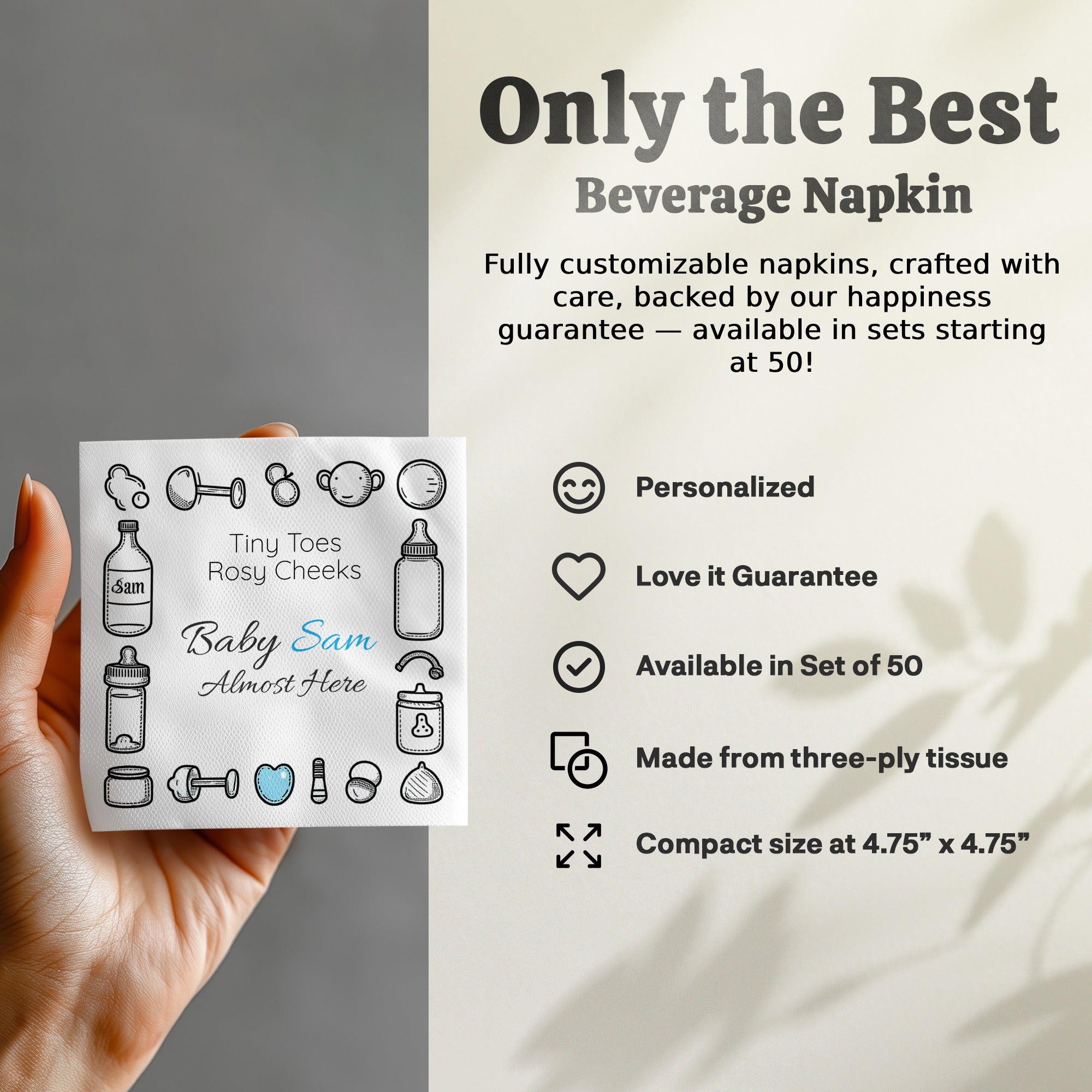 Personalized Baby Shower Napkins – Tiny Toes, Rosy Cheeks – Custom Baby Shower Napkin with Monochrome Icons – Gender‑Neutral Accent
