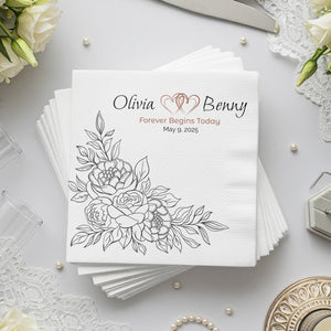 Personalized Wedding Napkins – Forever Begins Today – Custom Wedding Napkin with Floral Corner Artwork – Romantic Modern Style
