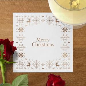 Minimalist Christmas Napkins – Personalized Holiday Beverage Napkin with Snowflake Border - Merry Christmas