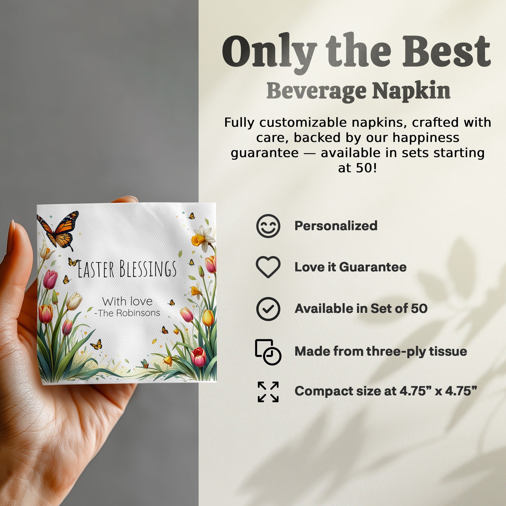 Personalized Easter Blessings Napkins – Spring Tulips & Butterflies – Custom Easter Party Napkin with Name