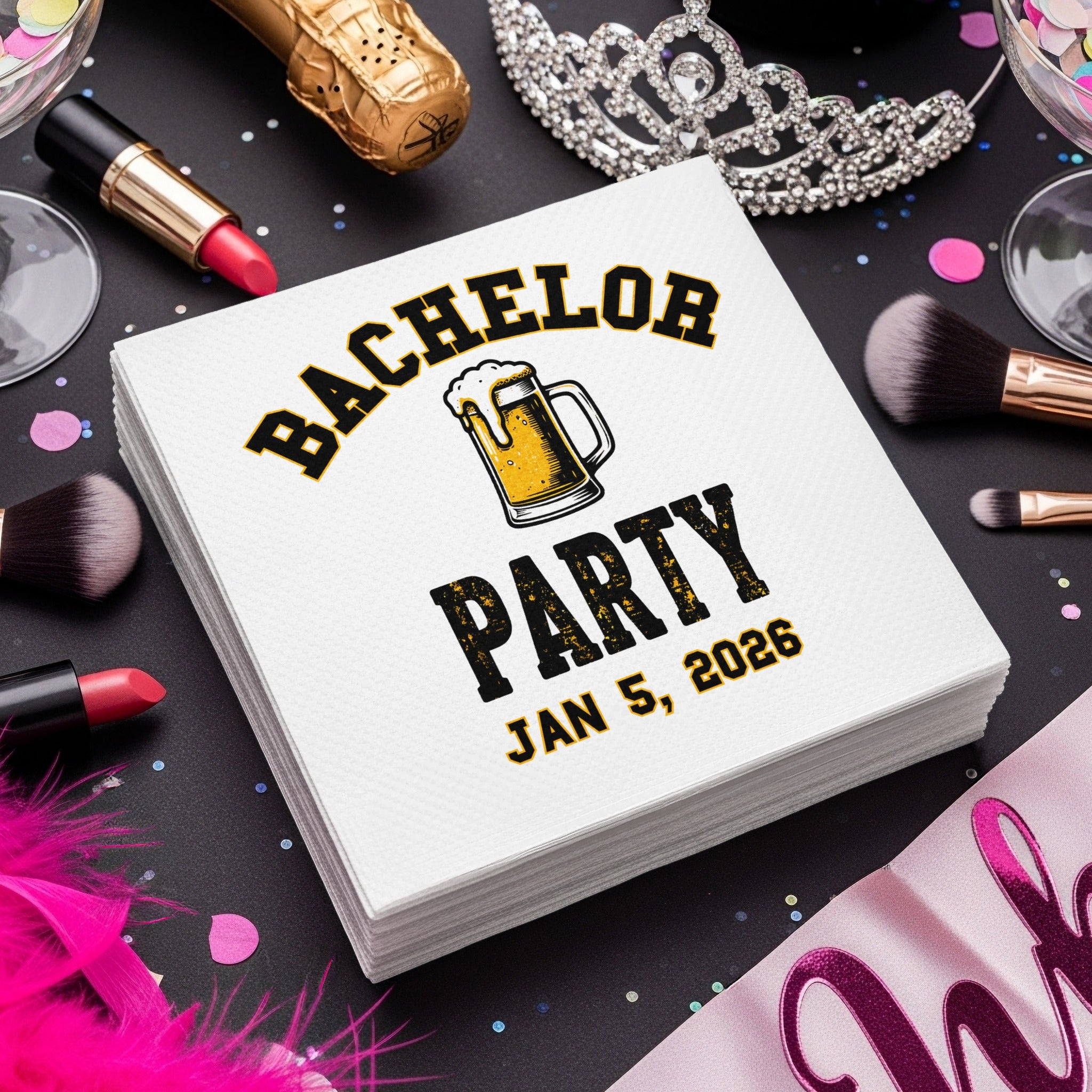 Personalized Bachelor Party Napkins – Beer Mug Party – Custom Napkins with Name & Date