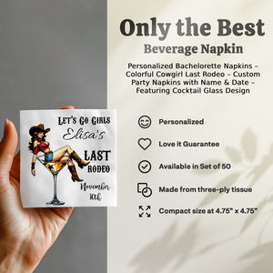 Personalized Bachelorette Napkins – Colorful Cowgirl Last Rodeo – Custom Party Napkins with Name & Date – Featuring Cocktail Glass Design