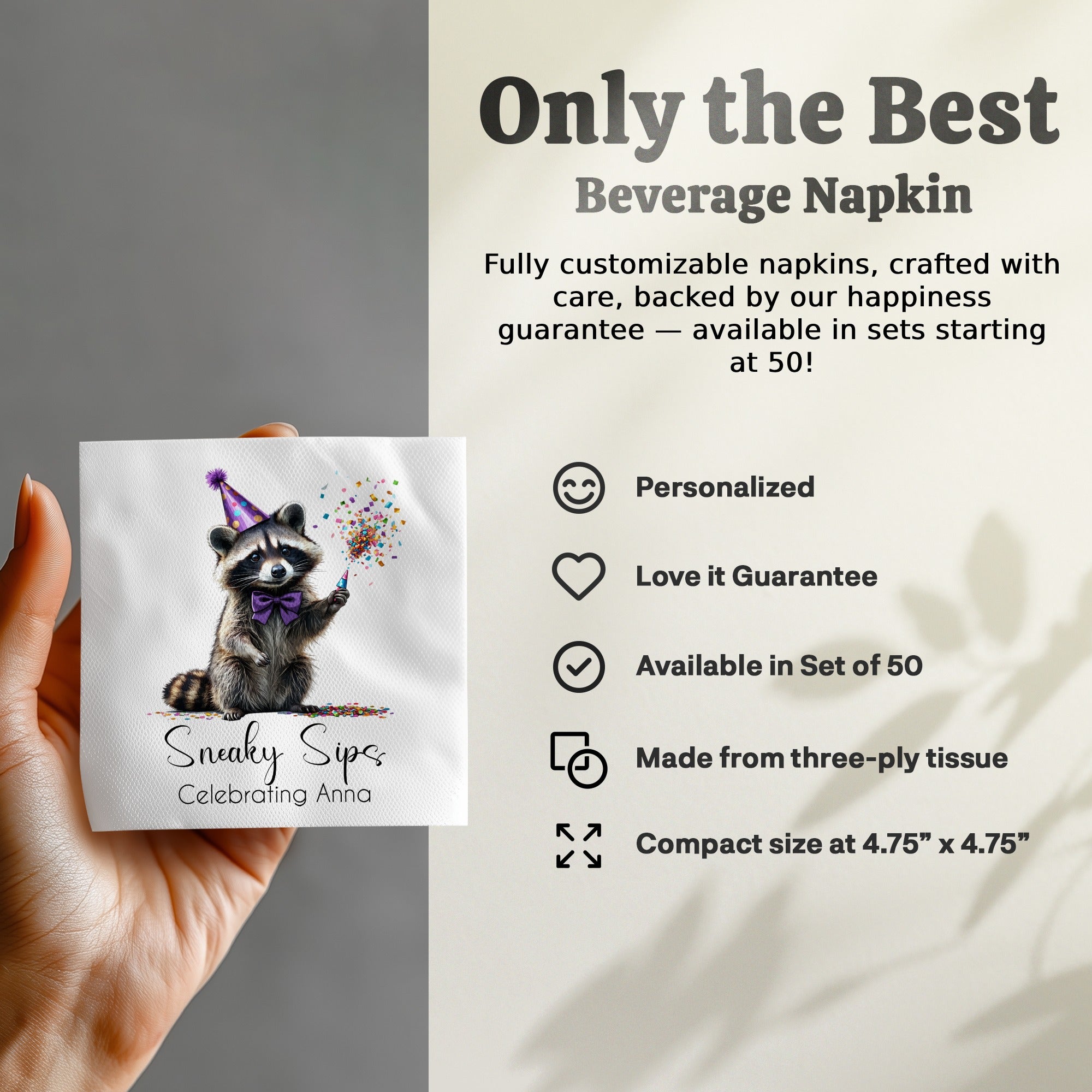 Party Raccoon Napkin, Celebrating Anna, Sneaky Sips Design, Cute Animal Napkins, Birthday Napkins, Festive Napkins