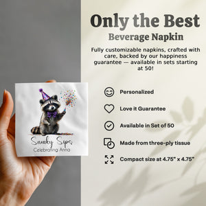 Party Raccoon Napkin, Celebrating Anna, Sneaky Sips Design, Cute Animal Napkins, Birthday Napkins, Festive Napkins