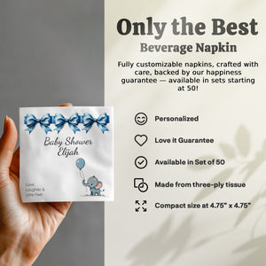 Personalized Baby Shower Napkins – Blue Bows & Elephant – Custom Baby Boy Shower Napkin with Balloon Illustration