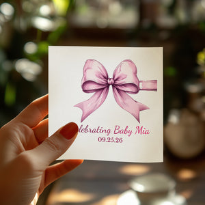 Personalized Baby Shower Napkins – Celebrating Baby – Elegant Pink Bow – Custom Baby Shower Napkin with Date Line