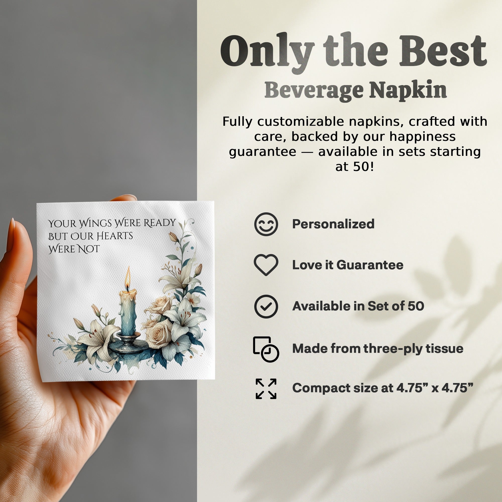 Personalized Memorial Napkins – Custom Funeral Napkin with Candle & Florals – Your Wings Were Ready But Our Hearts Were Not