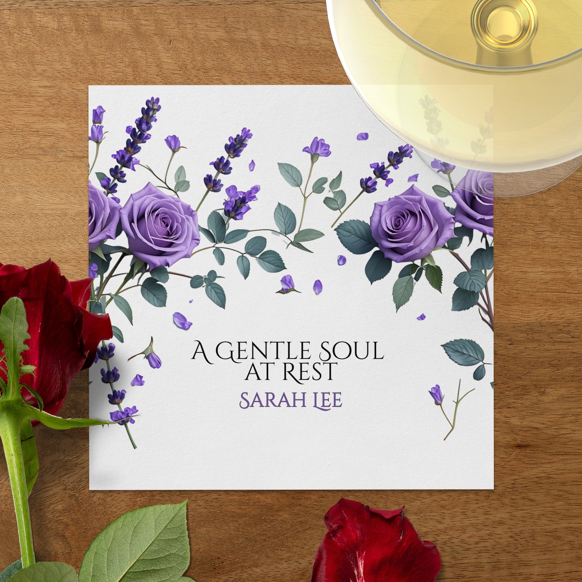 Personalized Memorial Napkins – A Gentle Soul at Rest – Custom Funeral Name & Years Napkin with Purple Rose & Lavender Floral Design