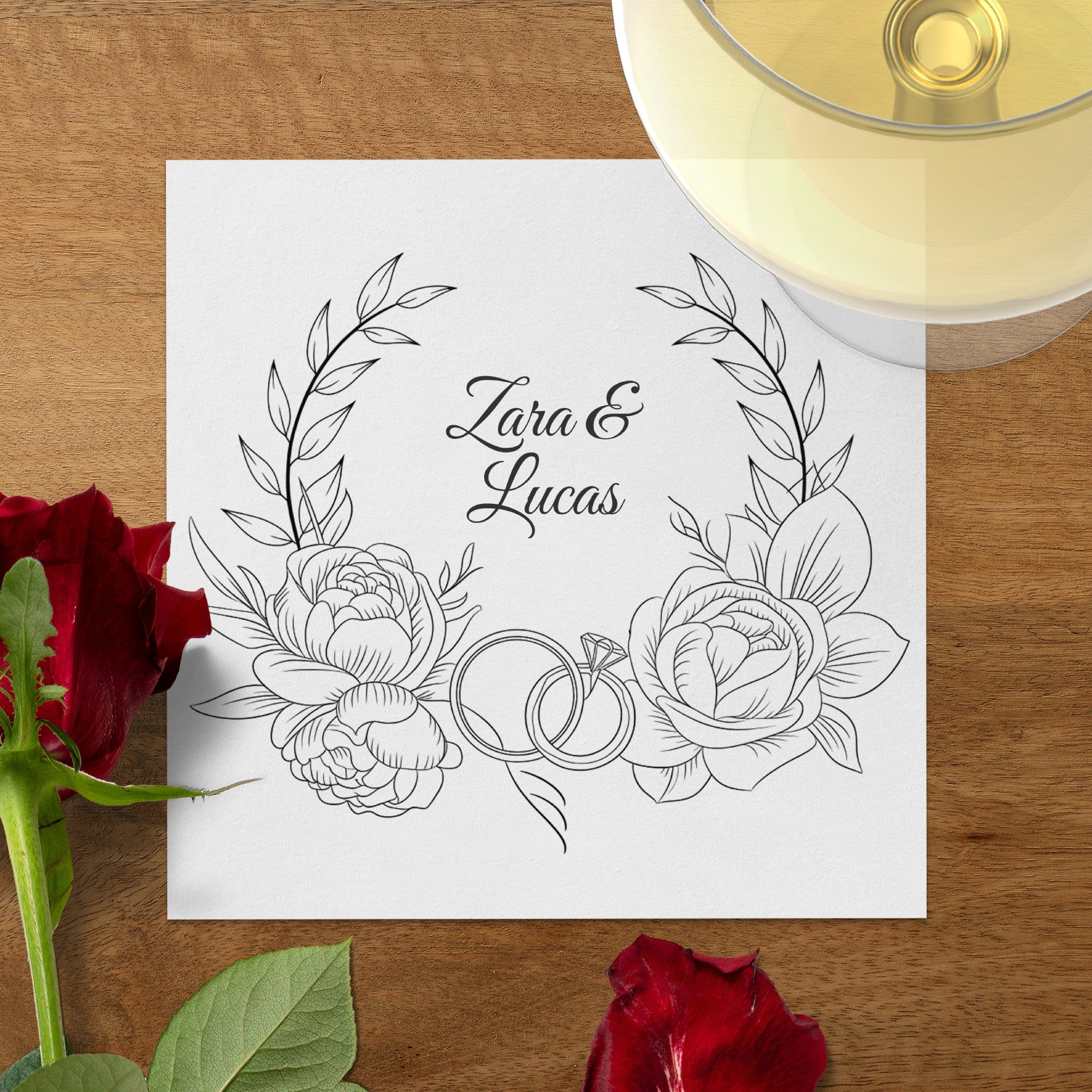 Personalized Wedding Napkins – Floral Ring Wreath – Custom Wedding Napkin with Roses & Rings – Romantic Botanical Style