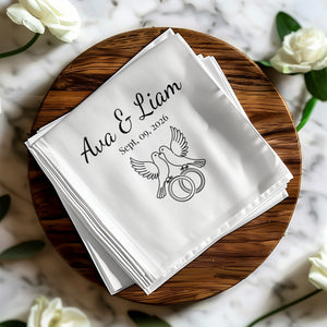 Personalized Wedding Napkins – Love Birds & Rings – Custom Wedding Napkin with Doves and Rings – Symbol of Commitment