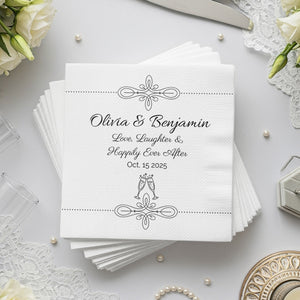 Personalized Wedding Napkins – Love, Laughter & Happily Ever After – Custom Wedding Napkin with Champagne Glasses – Celebration Theme