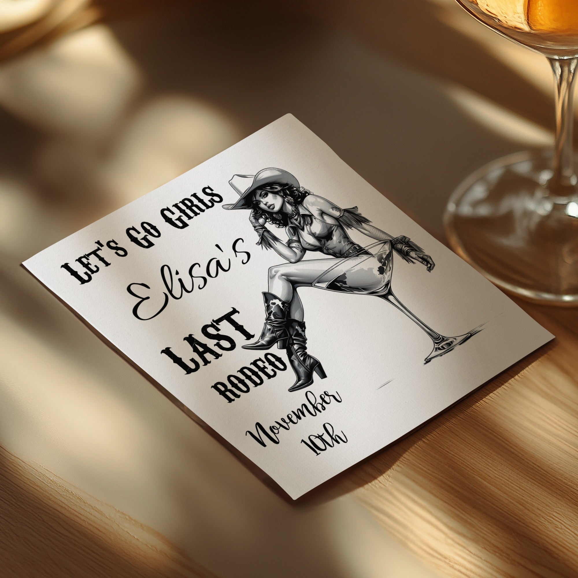 Personalized Bachelorette Napkins – Let’s Go Girls Rodeo – Custom Last Rodeo Party Napkins with Name & Date – Featuring Cowgirl Cocktail Design