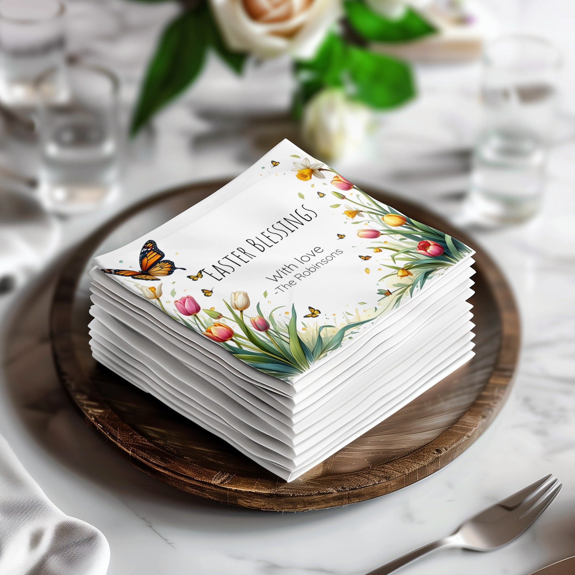 Personalized Easter Blessings Napkins – Spring Tulips & Butterflies – Custom Easter Party Napkin with Name