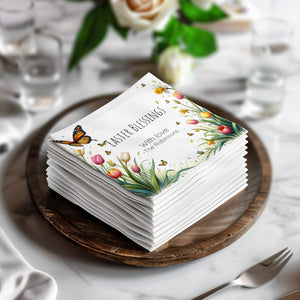 Personalized Easter Blessings Napkins – Spring Tulips & Butterflies – Custom Easter Party Napkin with Name