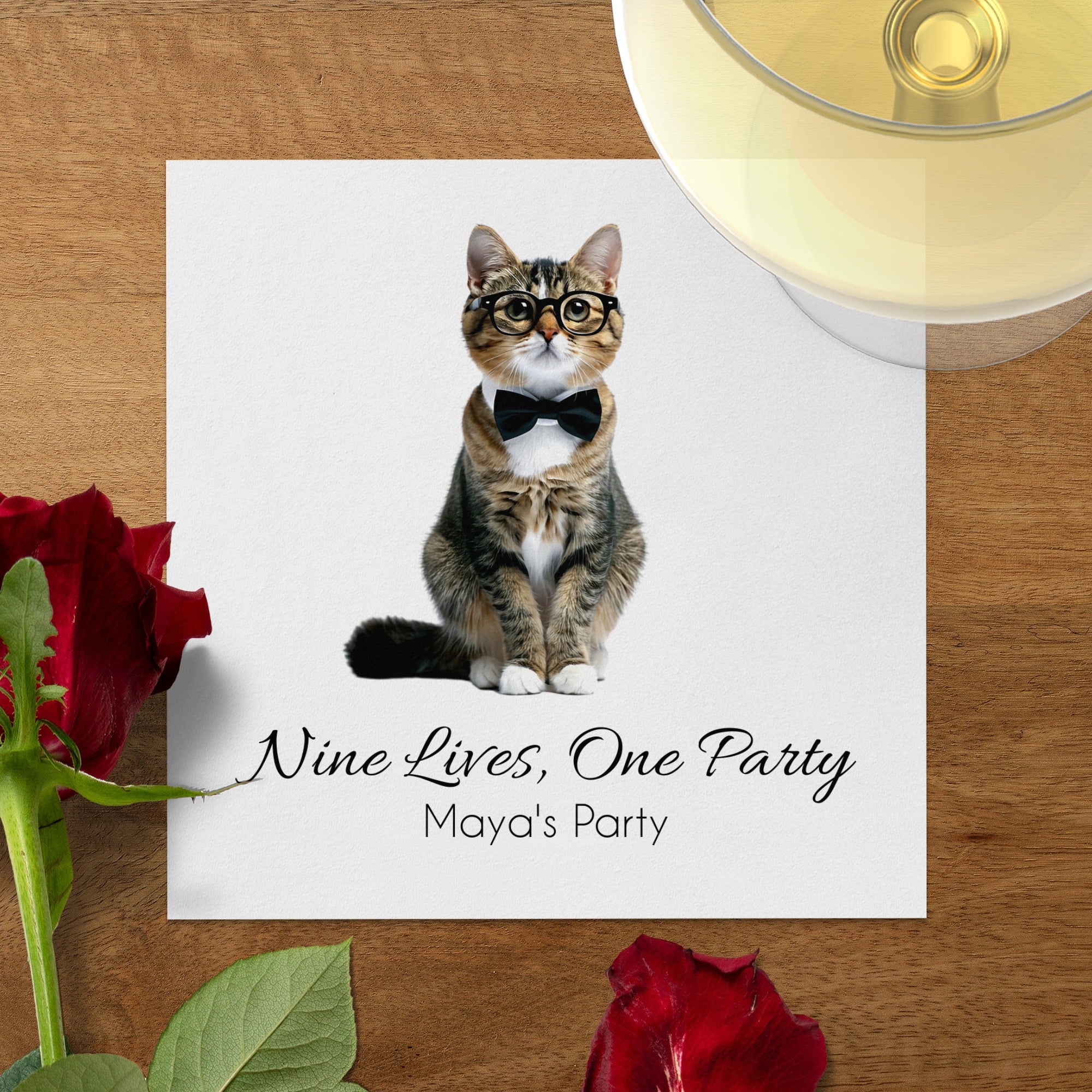 Nine Lives One Party Napkin, Cat Lover Napkin, Pet Party Napkin, Funny Napkin, Maya's Party, Cute Party Napkin, Cat in Bow Tie Napkin