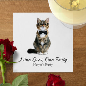Nine Lives One Party Napkin, Cat Lover Napkin, Pet Party Napkin, Funny Napkin, Maya's Party, Cute Party Napkin, Cat in Bow Tie Napkin