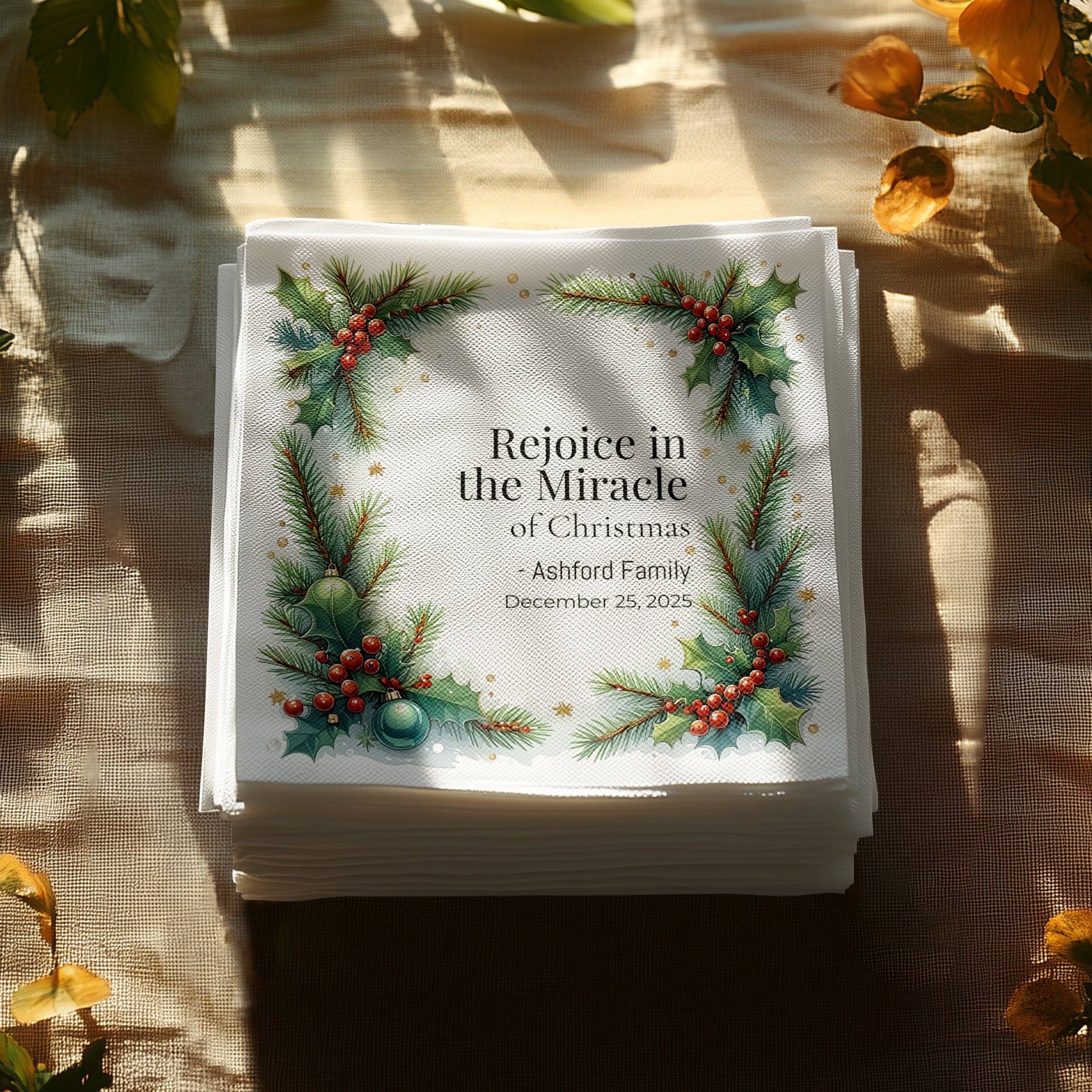 Religious Christmas Napkins – Personalized Holiday Beverage Napkin with Holly & Pine Border – Rejoice in the Miracle of Christmas
