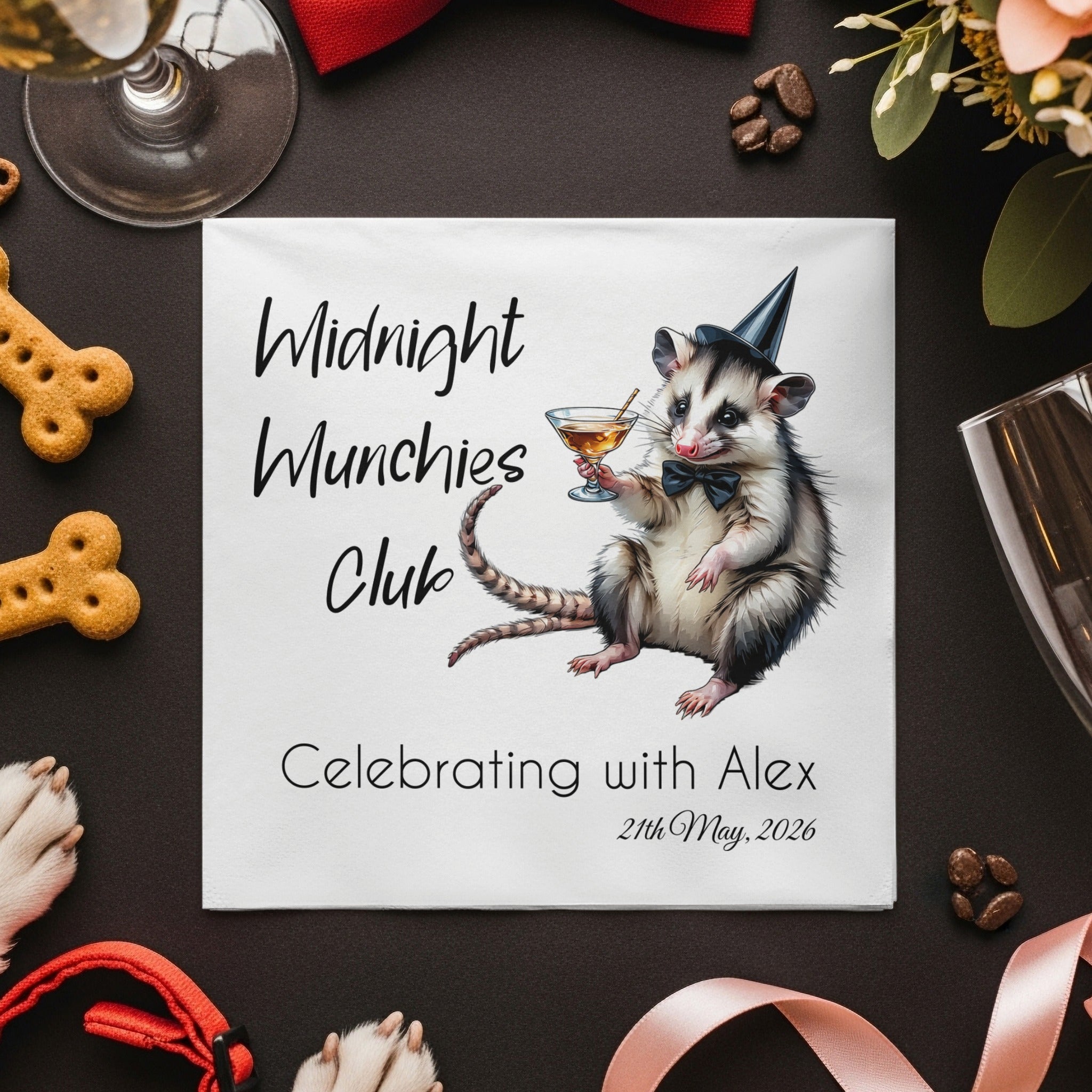 Midnight Munchies Opossum Napkin, Funny Party Napkin, Celebrating with Alex Napkin, Cocktail Napkin, Opossum Lover Gift, Party Decor
