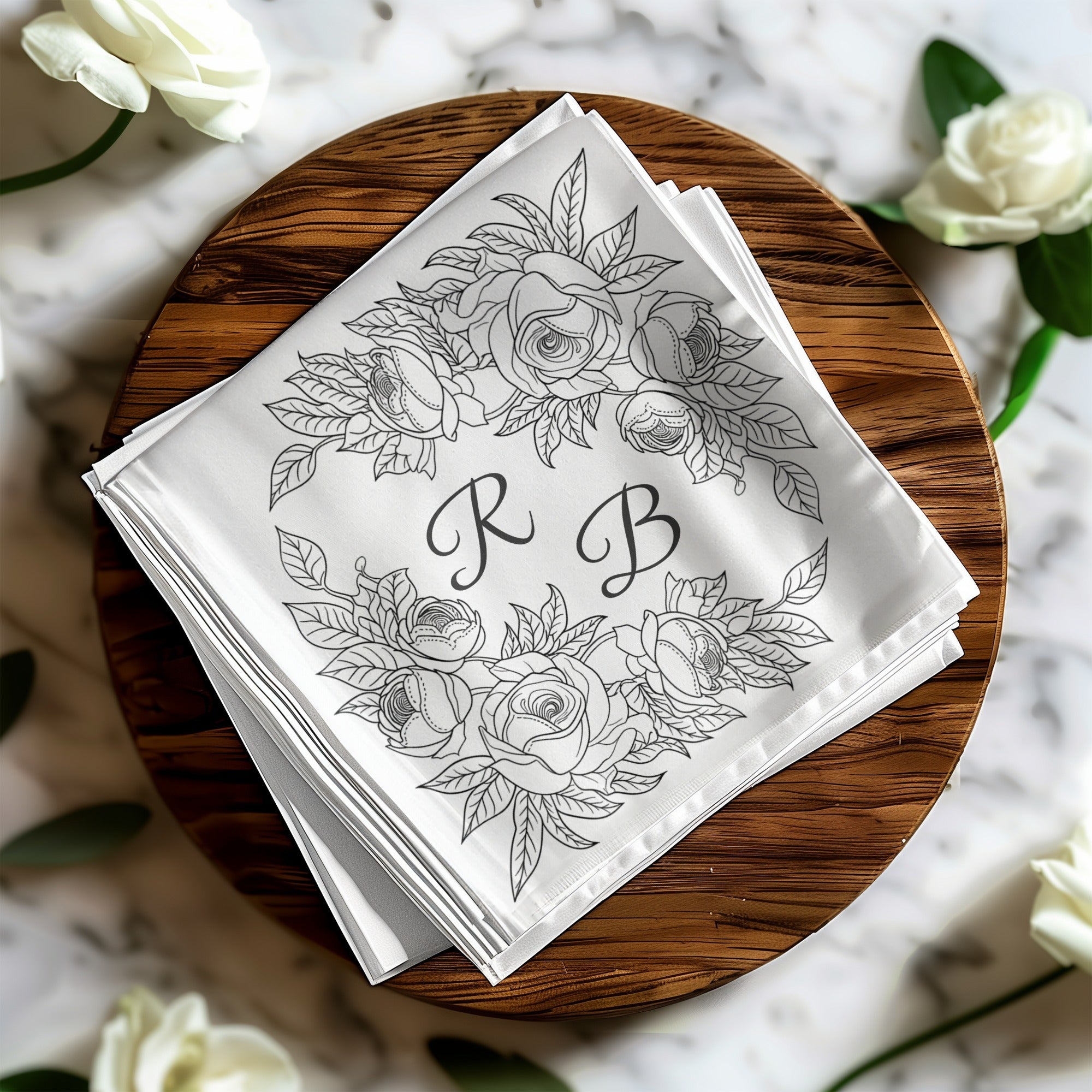 Personalized Wedding Napkins – Floral Monogram – Custom Wedding Napkin with Rose Frame – Classic Vintage Elegance