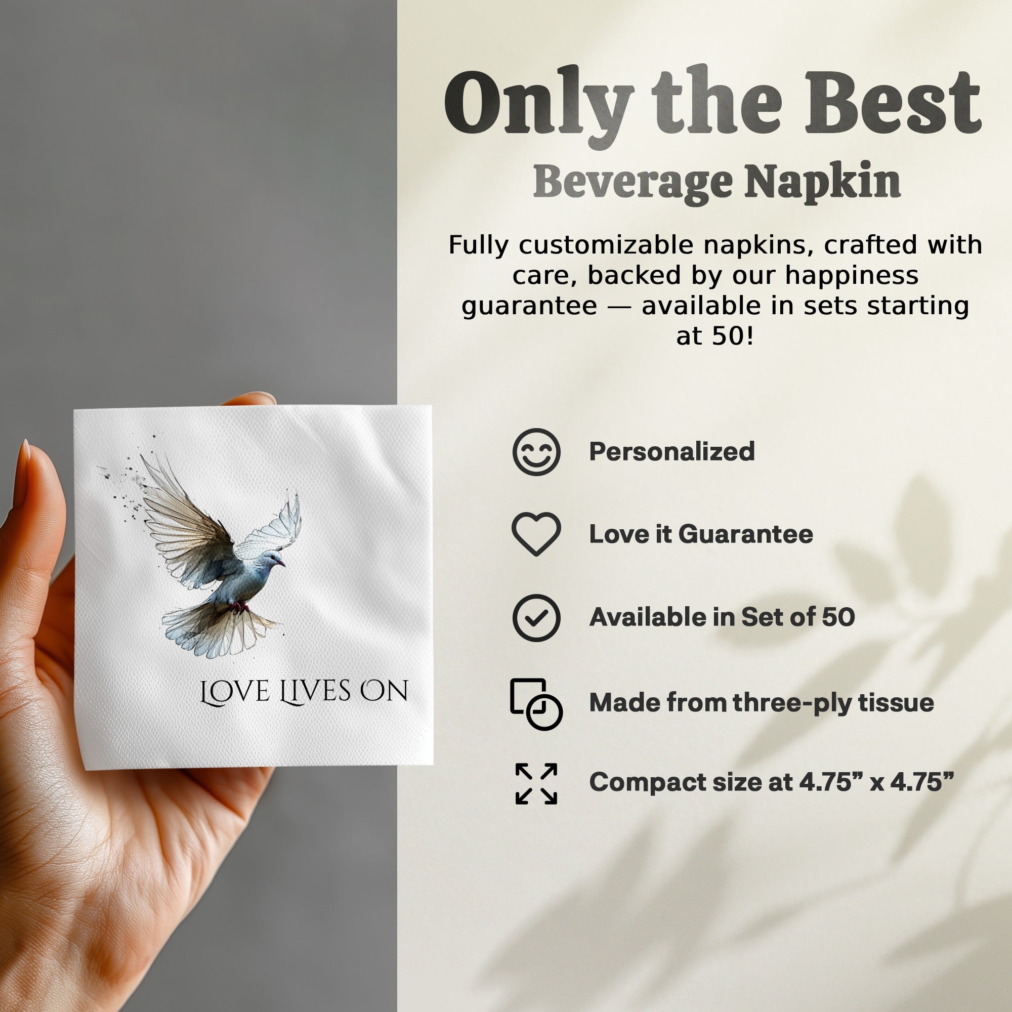 Personalized Memorial Napkins – Love Lives On – Custom Funeral Napkin with Dove Art – Elegant Memorial Table Decor