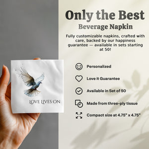 Personalized Memorial Napkins – Love Lives On – Custom Funeral Napkin with Dove Art – Elegant Memorial Table Decor