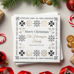 Custom Christmas Napkins – Personalized Holiday Beverage Napkin with Family Name – Nordic Snowflake & Reindeer Design