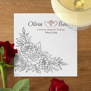 Personalized Wedding Napkins – Forever Begins Today – Custom Wedding Napkin with Floral Corner Artwork – Romantic Modern Style