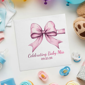 Personalized Baby Shower Napkins – Celebrating Baby – Elegant Pink Bow – Custom Baby Shower Napkin with Date Line