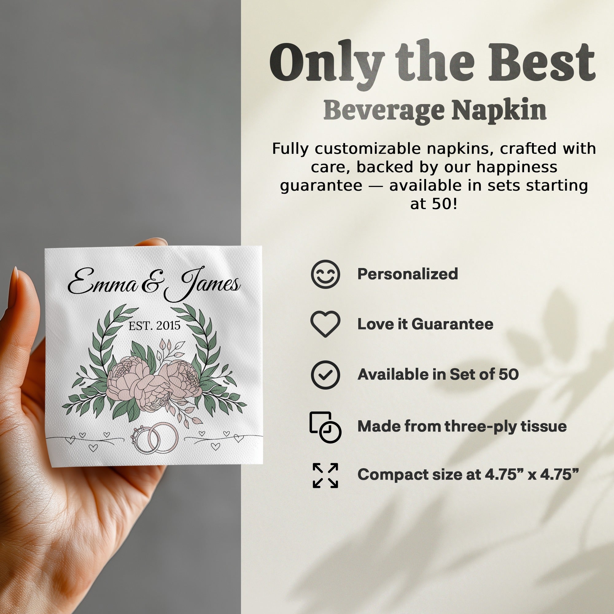 Personalized Wedding Napkins – Established Date with Rings – Custom Wedding Napkin with Floral Accents – Classic Botanical Theme