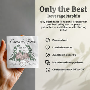 Personalized Wedding Napkins – Established Date with Rings – Custom Wedding Napkin with Floral Accents – Classic Botanical Theme
