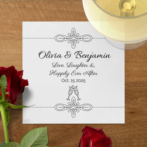Personalized Wedding Napkins – Love, Laughter & Happily Ever After – Custom Wedding Napkin with Champagne Glasses – Celebration Theme